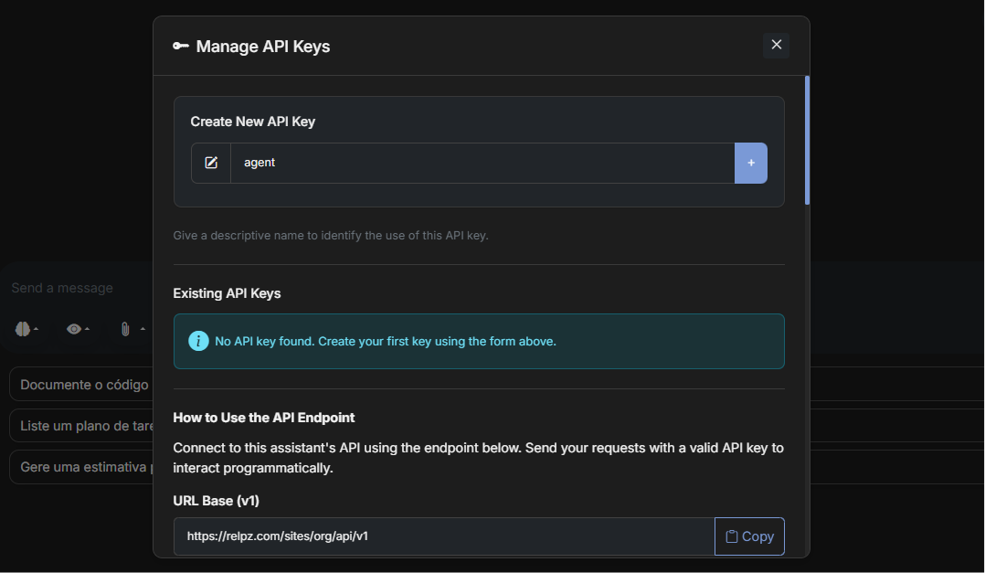 API management screen with base URL and key