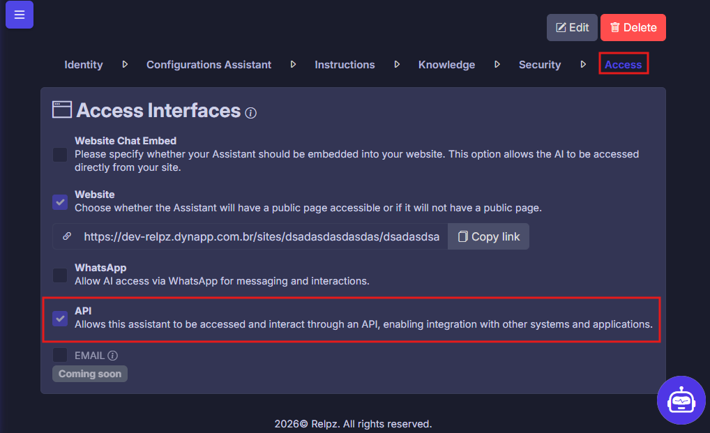 Enabling API access in assistant settings