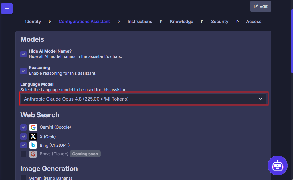 Selecting Claude Opus 4.8 in assistant settings